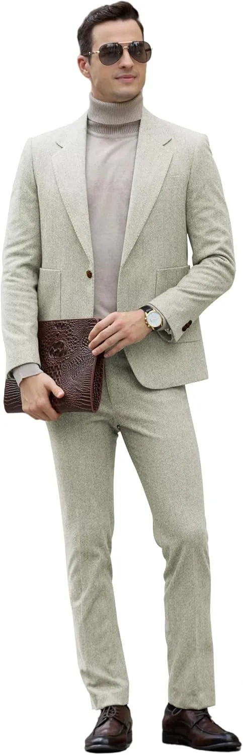 Men's Suits Slim Fit Herringbone Tweed Suits for Men 2 Piece Wedding Prom Suit Jacket Pants Wool Blend Tuxedo Set