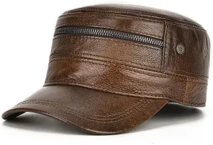 Men's Vintage Leather Military Cap Flat Top Winter Warm Male Cadet Army Caps Solid Color for Cold Weather