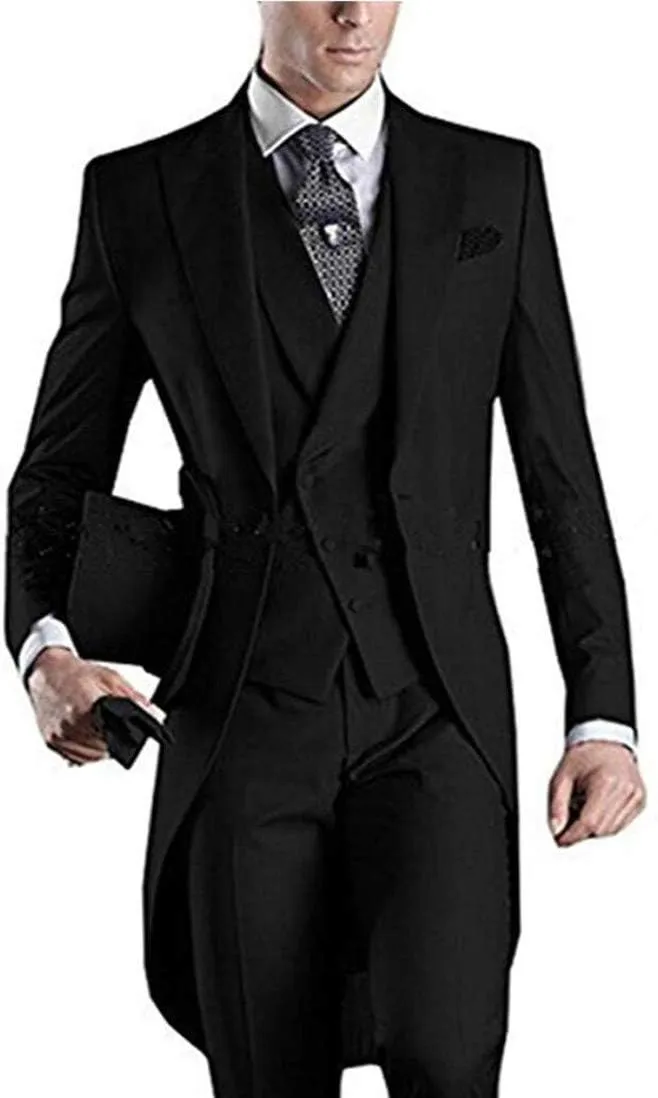 Men's White 3PC Long Tailcoat Suit Notch Lapel One Button Wedding Suits Groom Tuxedos