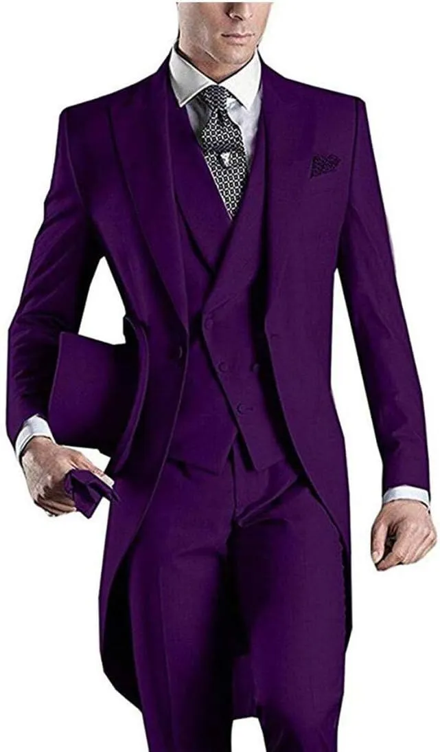 Men's White 3PC Long Tailcoat Suit Notch Lapel One Button Wedding Suits Groom Tuxedos