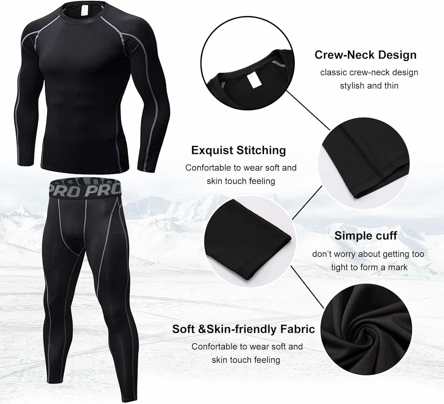 Mens Workout Compression Set Long Sleeve Shirt and Pants Thermal Underwear Winter Warm Athletic Base Layer
