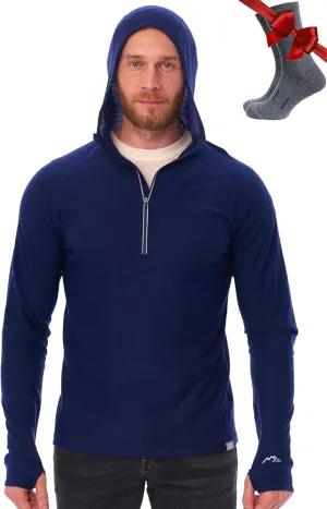 Merino.tech 100% Merino Wool Hoodie Men - Slim Fit Merino Wool Base Layer Mens Half Zip Thermal Long Sleeve Shirt and Socks