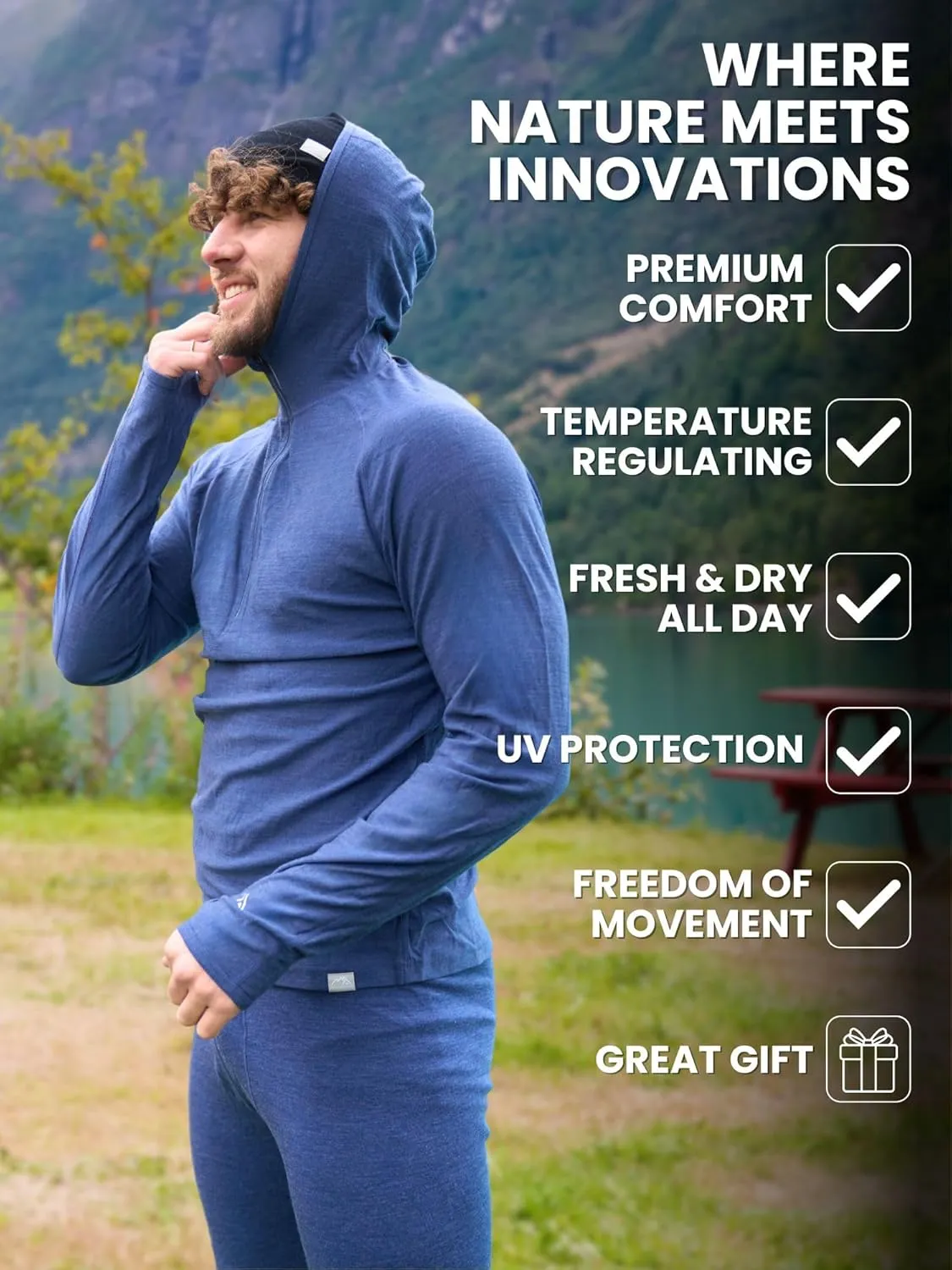 Merino.tech 100% Merino Wool Hoodie Men - Slim Fit Merino Wool Base Layer Mens Half Zip Thermal Long Sleeve Shirt and Socks