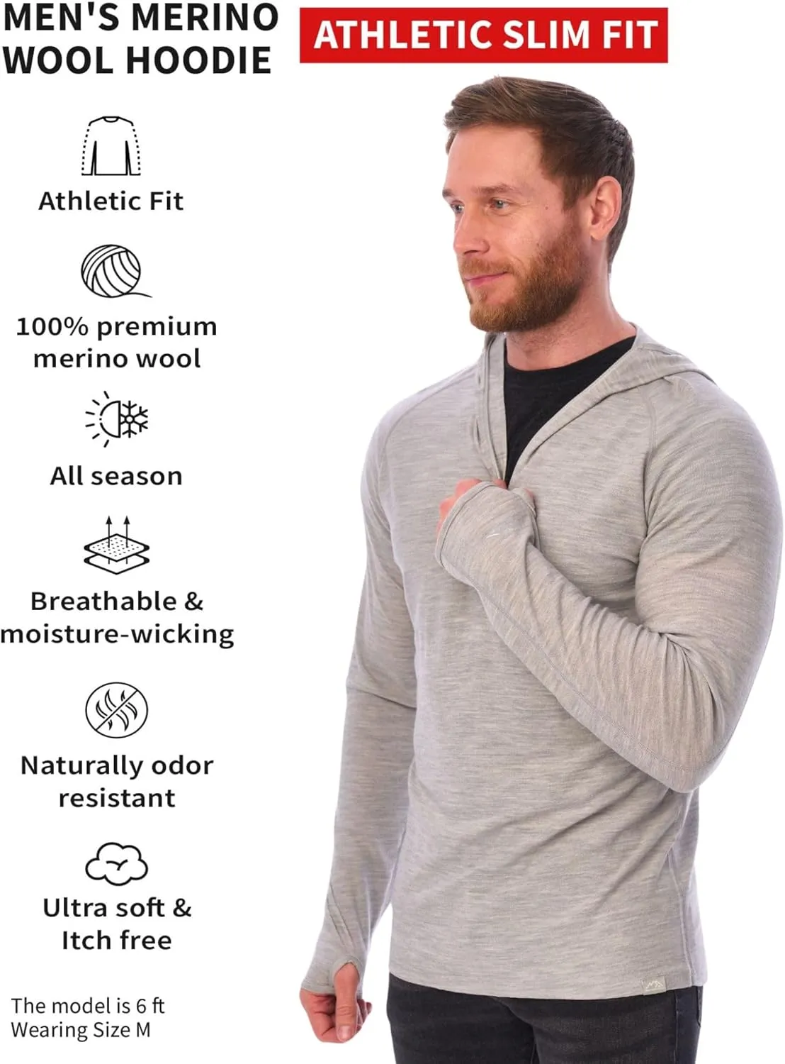 Merino.tech 100% Merino Wool Hoodie Men - Slim Fit Merino Wool Base Layer Mens Half Zip Thermal Long Sleeve Shirt and Socks
