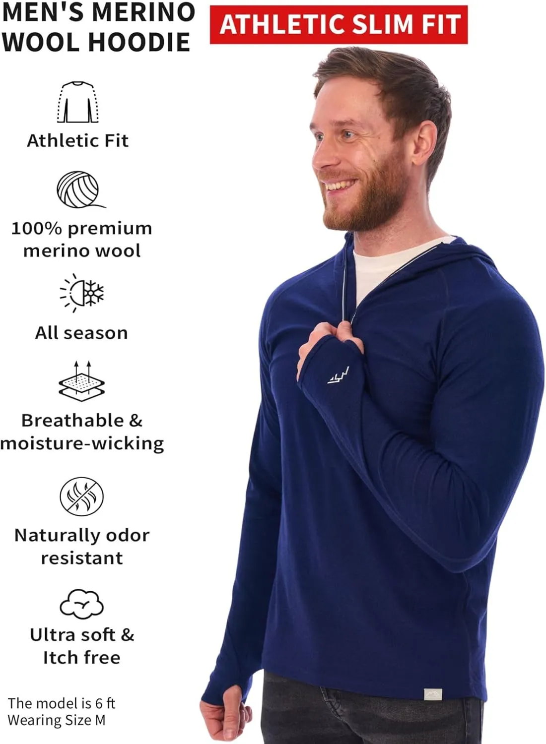 Merino.tech 100% Merino Wool Hoodie Men - Slim Fit Merino Wool Base Layer Mens Half Zip Thermal Long Sleeve Shirt and Socks
