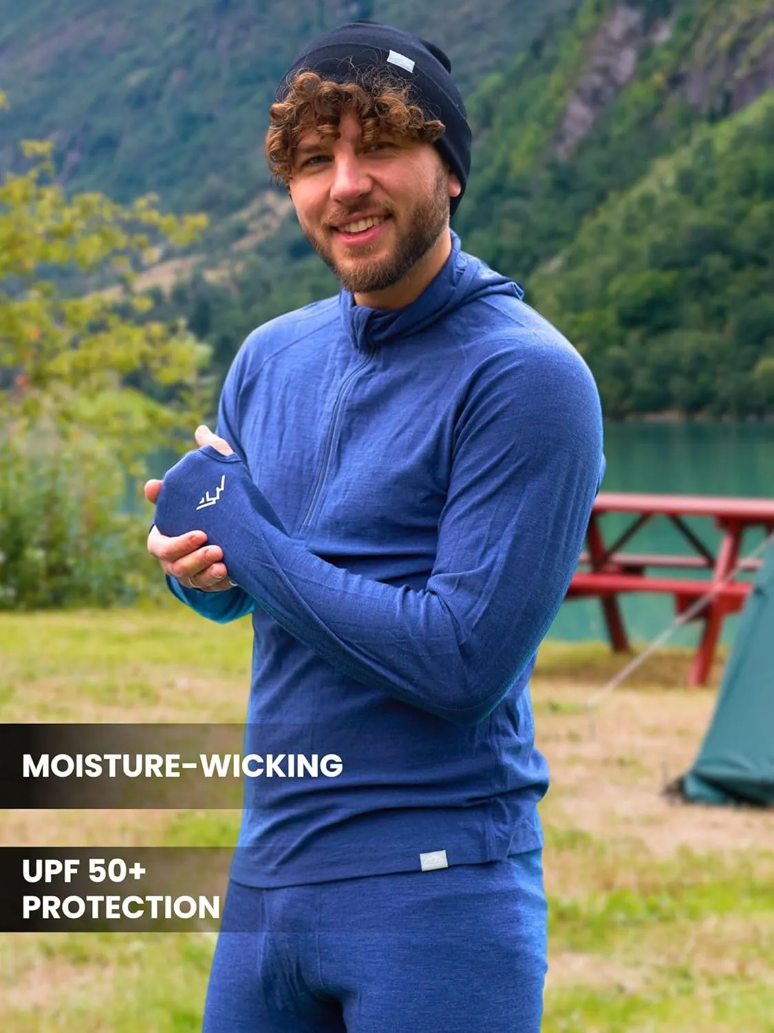 Merino.tech 100% Merino Wool Hoodie Men - Slim Fit Merino Wool Base Layer Mens Half Zip Thermal Long Sleeve Shirt and Socks