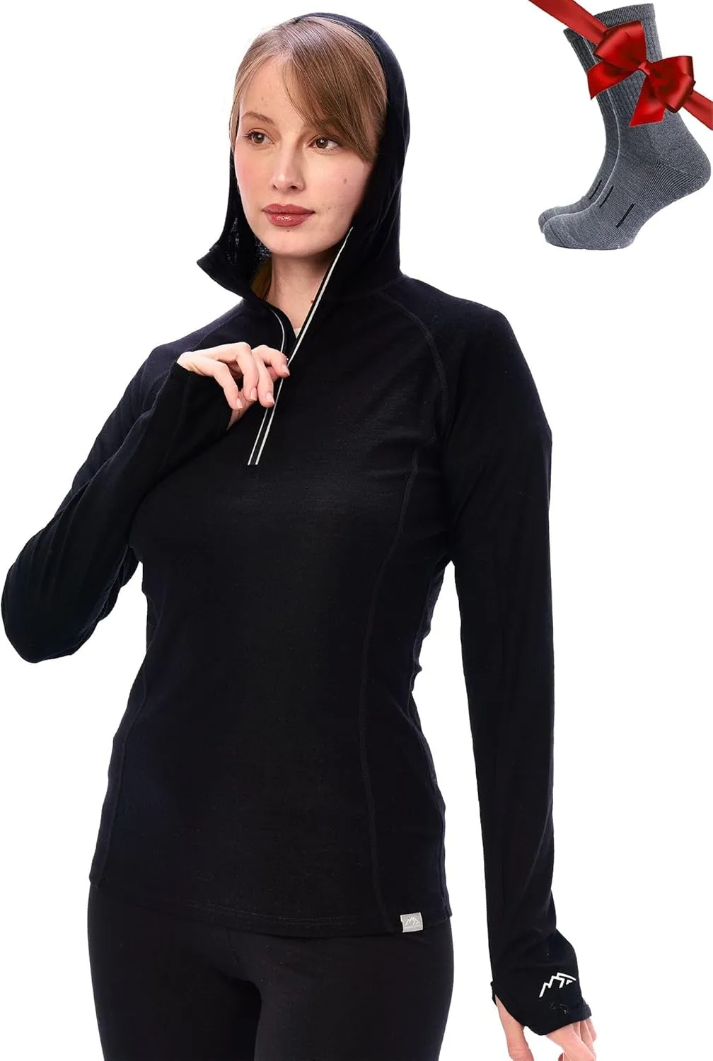 Merino.tech Merino Wool Hoodie Women - Slim Fit 100% Merino Wool Base Layer Women Half Zip Thermal Long Sleeve Shirt & Socks