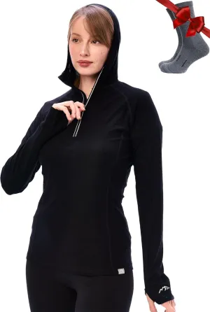 Merino.tech Merino Wool Hoodie Women - Slim Fit 100% Merino Wool Base Layer Women Half Zip Thermal Long Sleeve Shirt & Socks