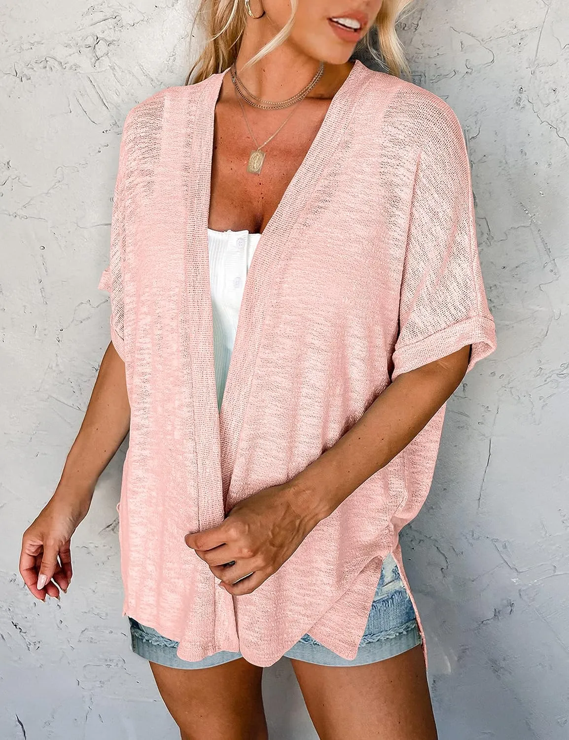 MEROKEETY Womens 2025 Summer Lightweight Cardigan Short Sleeve Open Front Casual Loose Cover Ups