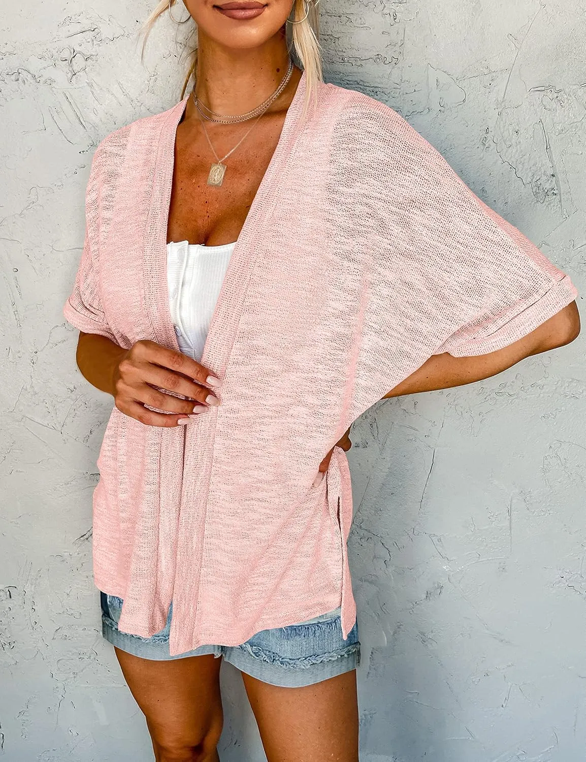 MEROKEETY Womens 2025 Summer Lightweight Cardigan Short Sleeve Open Front Casual Loose Cover Ups