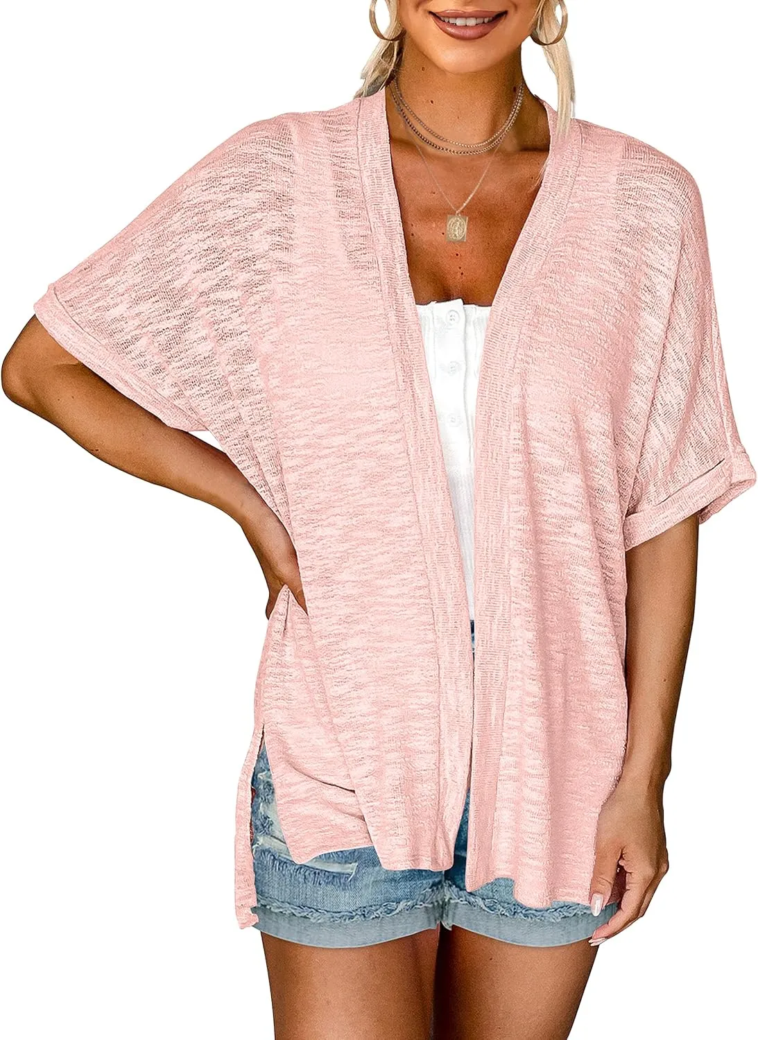 MEROKEETY Womens 2025 Summer Lightweight Cardigan Short Sleeve Open Front Casual Loose Cover Ups