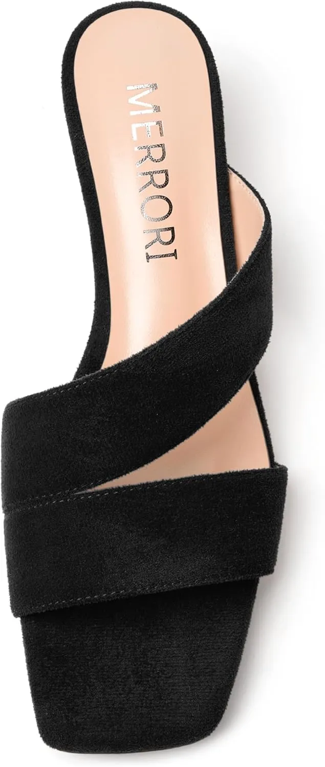 MERRORI Womens Slip On Casual Open Toe Evening Suede Chunky Low Heel Heeled Sandals 1.5 Inch