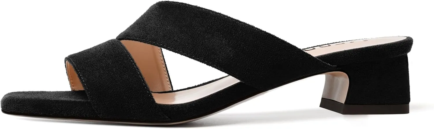 MERRORI Womens Slip On Casual Open Toe Evening Suede Chunky Low Heel Heeled Sandals 1.5 Inch