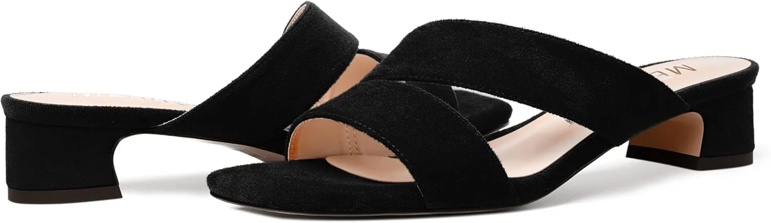 MERRORI Womens Slip On Casual Open Toe Evening Suede Chunky Low Heel Heeled Sandals 1.5 Inch