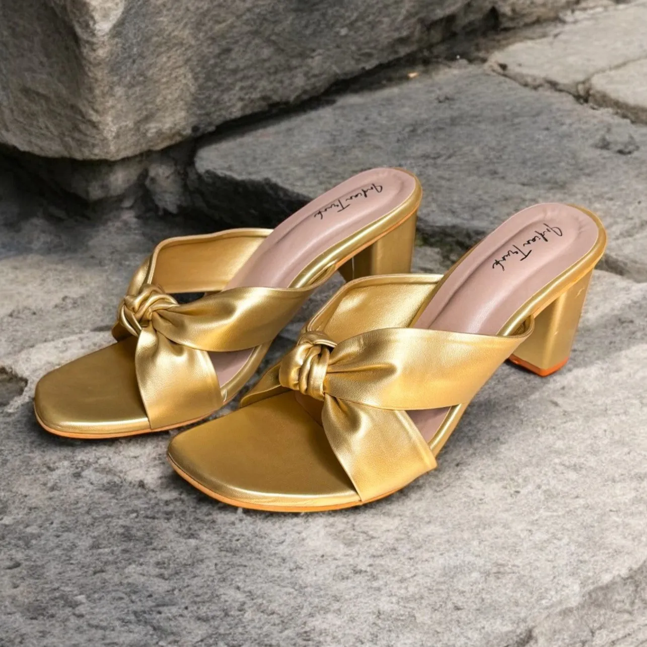 Metallic Knot Block Heels- Golden