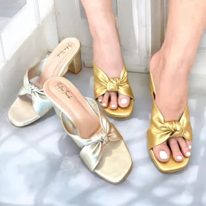 Metallic Knot Block Heels- Golden
