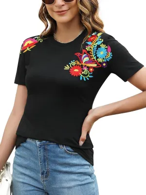 Mexican Shirts for Women Embroidered Tops Traditional Summer Blouse Women's Floral Tunic Round Neck Short Sleeve