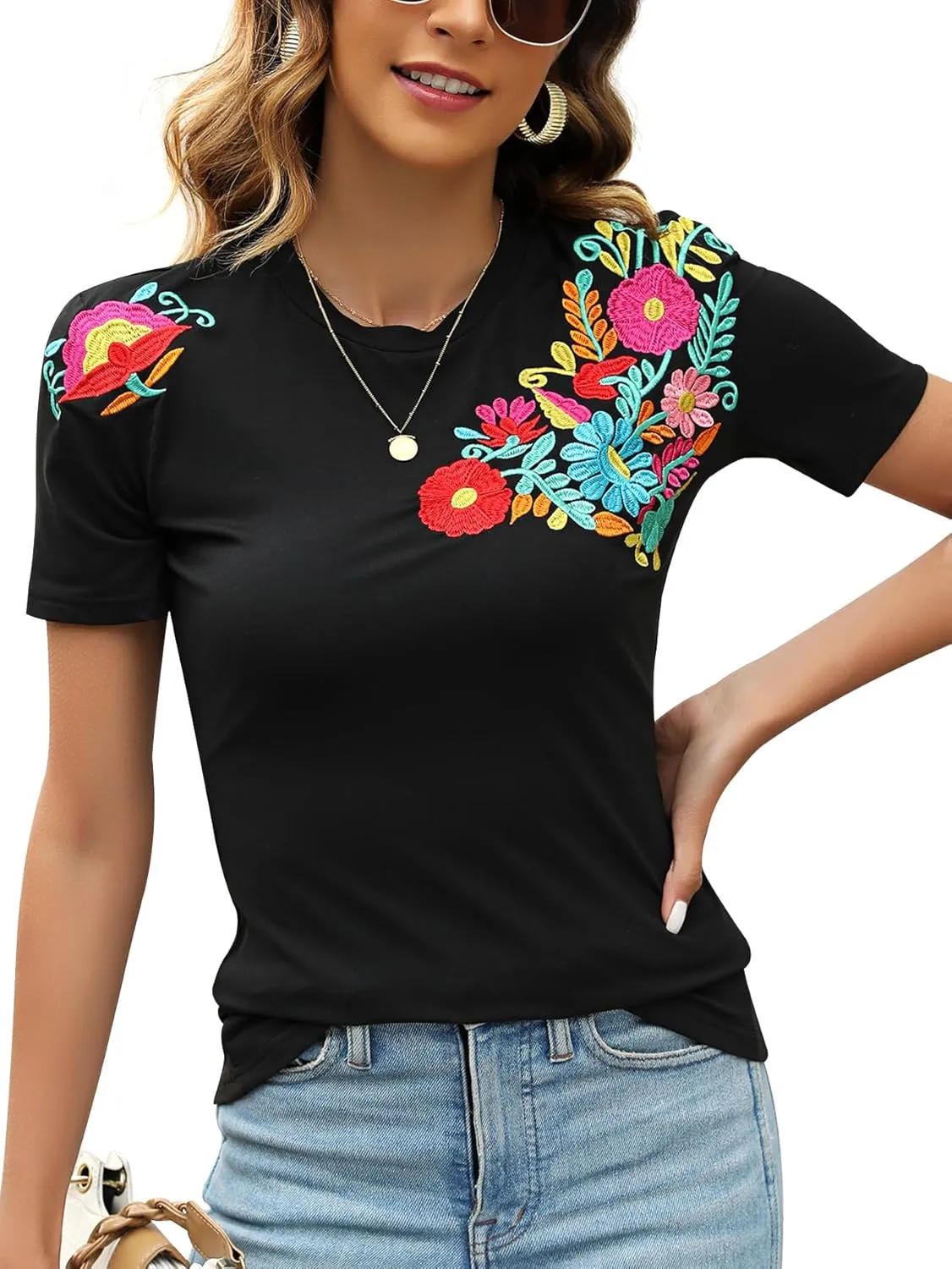 Mexican Shirts for Women Embroidered Tops Traditional Summer Blouse Women's Floral Tunic Round Neck Short Sleeve