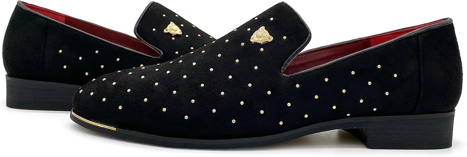 MHB Men's Luxury Velvet Loafers Pointed-Toe Slip-on Suede Dress Shoes for Men Rivet Smoking Slipper Fashion Lightweight