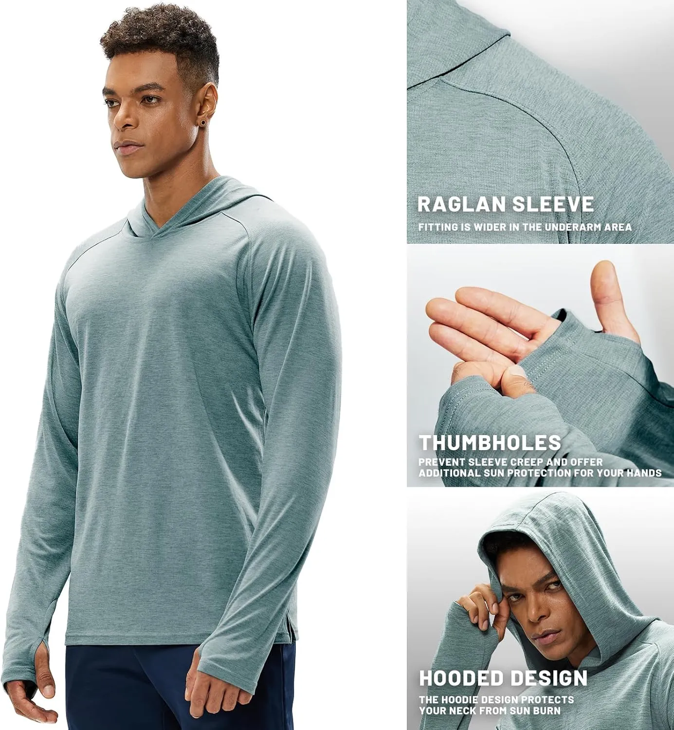 MIER Men's UPF 50  Sun Protection Hoodie Long Sleeve SPF Fishing Hiking Thumbhole Shirts Hooded Quick Dry, 2 Pack