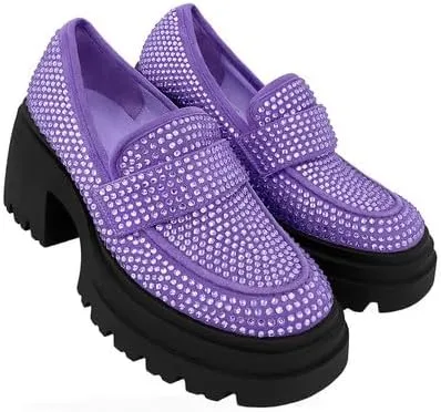 MissHeel Rhinestone Loafers for Women Slip On Platform Chunky Heels