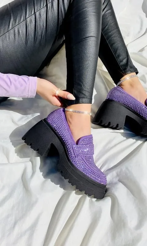 MissHeel Rhinestone Loafers for Women Slip On Platform Chunky Heels