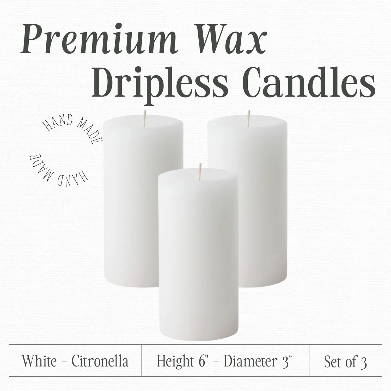Mister Candle Citronella Candles, Ideal for Outdoor & Indoor, 3x6 Pillar Candles Set of 3, Hand Poured White, Premium Wax & Dripless, 60 Hour Burn Time