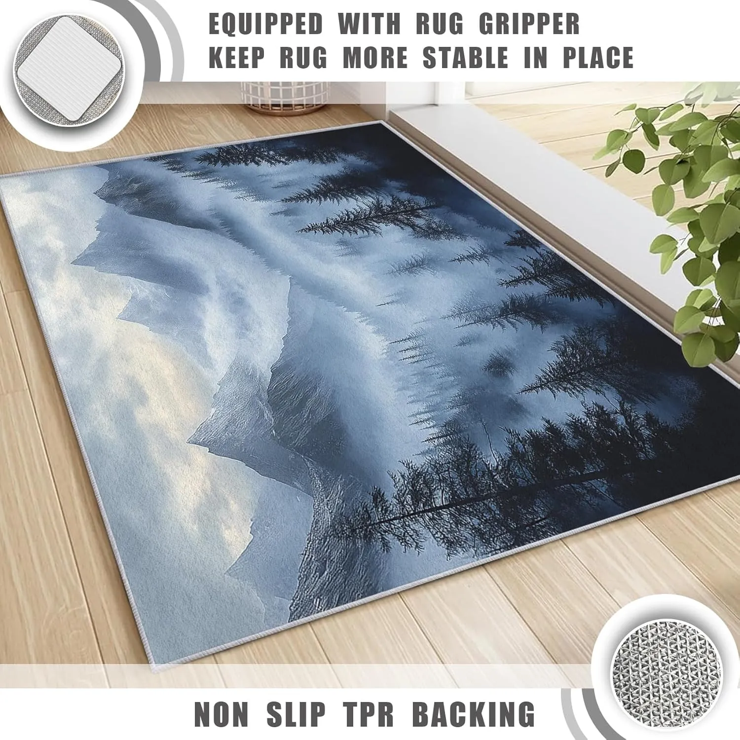 Misty Forest Throw Rug, Washable Grey Blue Black Mountain Area Rugs 2x3 - Foggy Nature Landscape Small Carpet, Entryway, Bedroom, Kitchen, Home Decor, Indoor Mat, Soft, Non Slip, Non Shedding