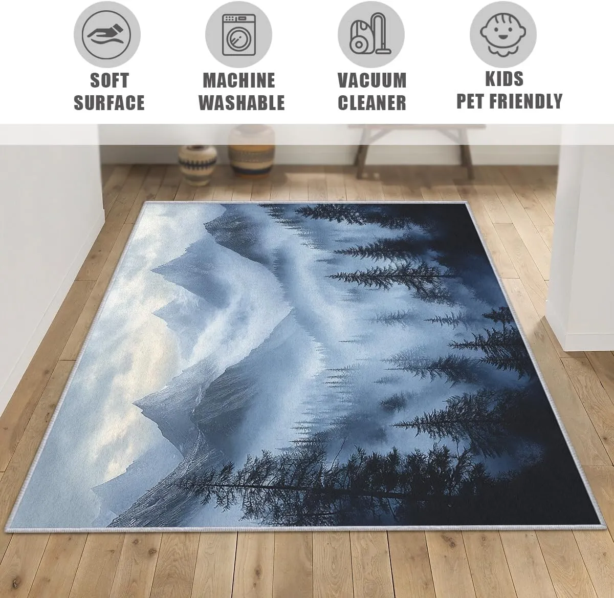 Misty Forest Throw Rug, Washable Grey Blue Black Mountain Area Rugs 2x3 - Foggy Nature Landscape Small Carpet, Entryway, Bedroom, Kitchen, Home Decor, Indoor Mat, Soft, Non Slip, Non Shedding