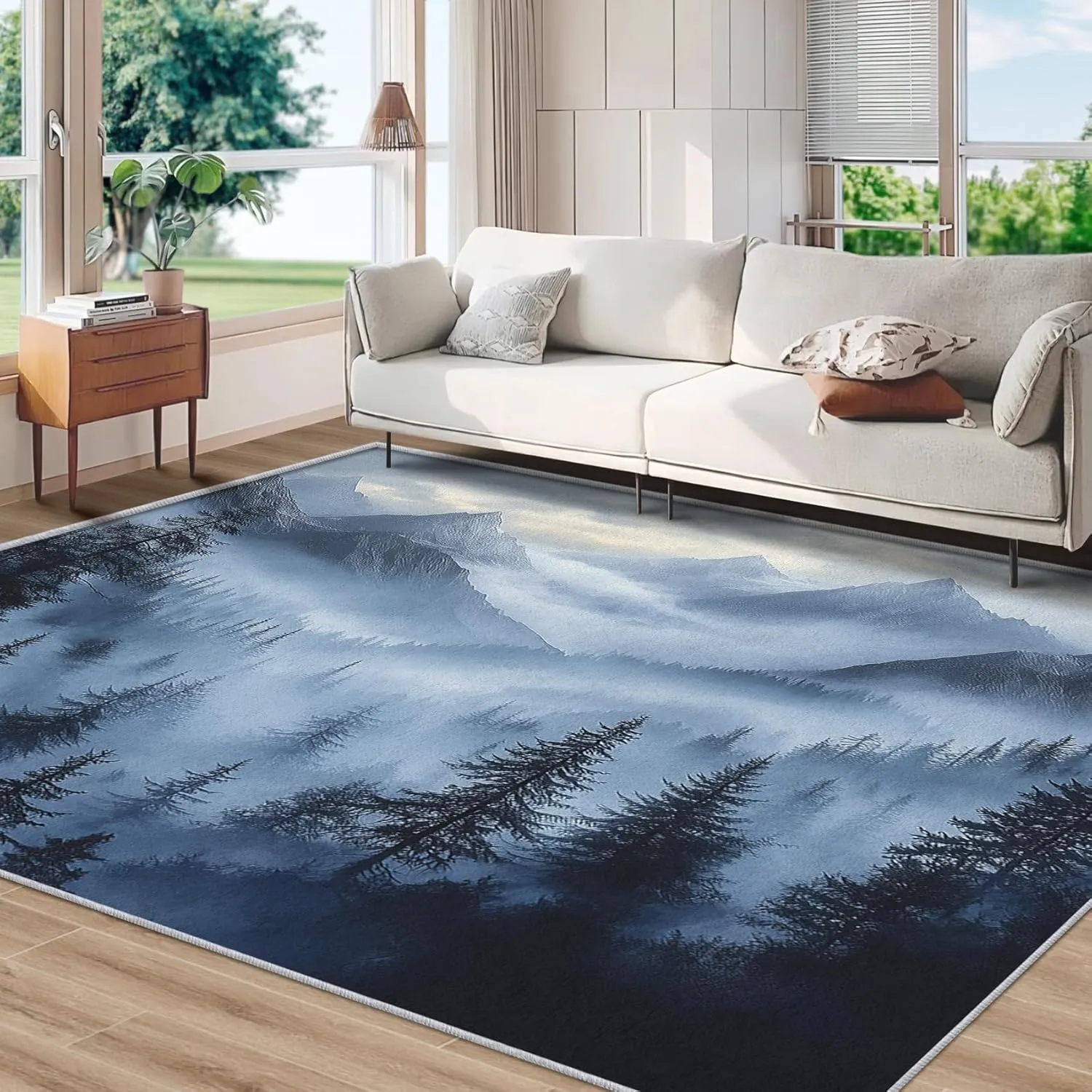 Misty Forest Throw Rug, Washable Grey Blue Black Mountain Area Rugs 2x3 - Foggy Nature Landscape Small Carpet, Entryway, Bedroom, Kitchen, Home Decor, Indoor Mat, Soft, Non Slip, Non Shedding