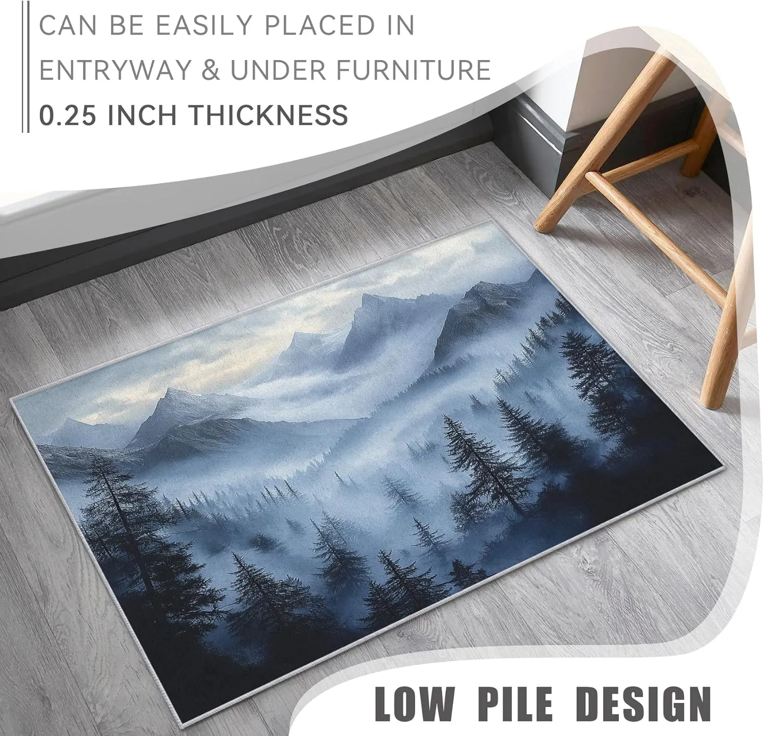 Misty Forest Throw Rug, Washable Grey Blue Black Mountain Area Rugs 2x3 - Foggy Nature Landscape Small Carpet, Entryway, Bedroom, Kitchen, Home Decor, Indoor Mat, Soft, Non Slip, Non Shedding