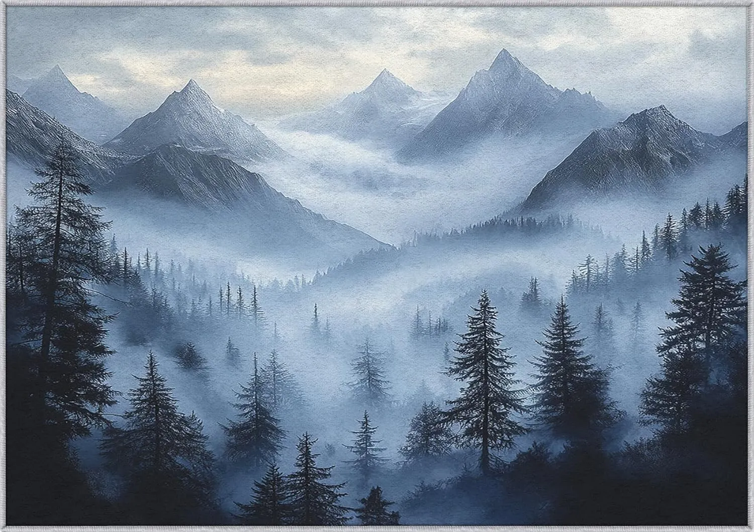 Misty Forest Throw Rug, Washable Grey Blue Black Mountain Area Rugs 2x3 - Foggy Nature Landscape Small Carpet, Entryway, Bedroom, Kitchen, Home Decor, Indoor Mat, Soft, Non Slip, Non Shedding
