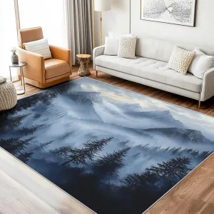 Misty Forest Throw Rug, Washable Grey Blue Black Mountain Area Rugs 2x3 - Foggy Nature Landscape Small Carpet, Entryway, Bedroom, Kitchen, Home Decor, Indoor Mat, Soft, Non Slip, Non Shedding