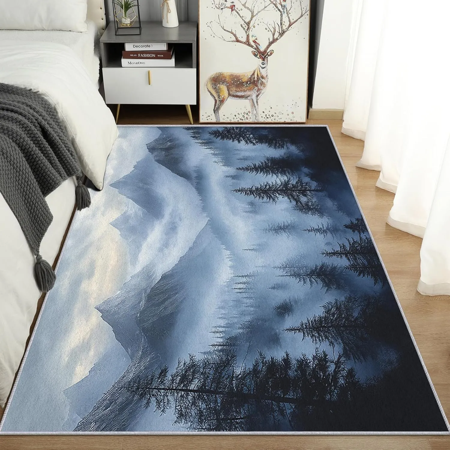 Misty Forest Throw Rug, Washable Grey Blue Black Mountain Area Rugs 2x3 - Foggy Nature Landscape Small Carpet, Entryway, Bedroom, Kitchen, Home Decor, Indoor Mat, Soft, Non Slip, Non Shedding