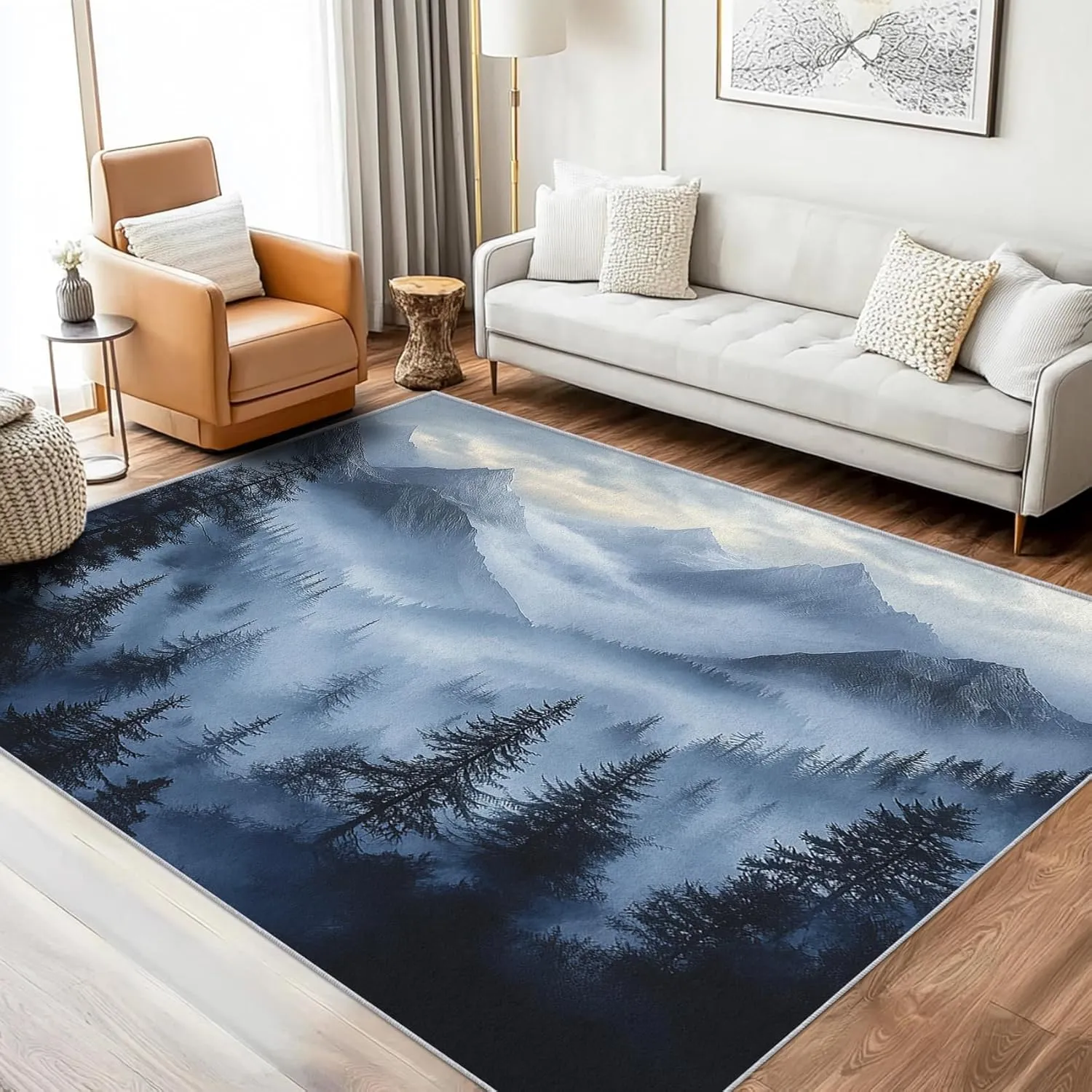 Misty Forest Throw Rug, Washable Grey Blue Black Mountain Area Rugs 2x3 - Foggy Nature Landscape Small Carpet, Entryway, Bedroom, Kitchen, Home Decor, Indoor Mat, Soft, Non Slip, Non Shedding