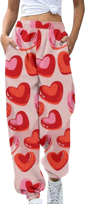 Miyaomn Women's Casual Athletic Running Joggers Valentines Day Sweatpants with Pink Heart Pockets Elastic Waist Lounge Slacks