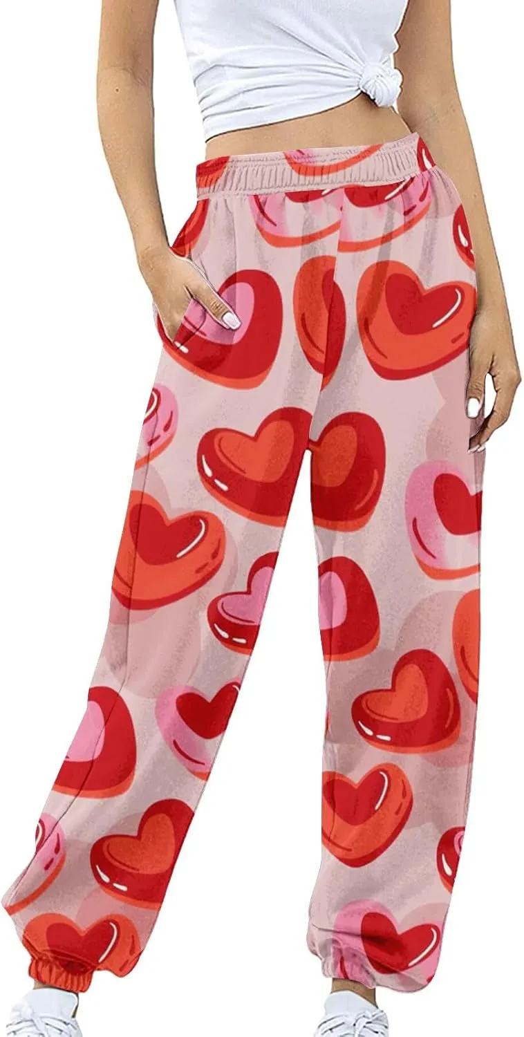 Miyaomn Women's Casual Athletic Running Joggers Valentines Day Sweatpants with Pink Heart Pockets Elastic Waist Lounge Slacks