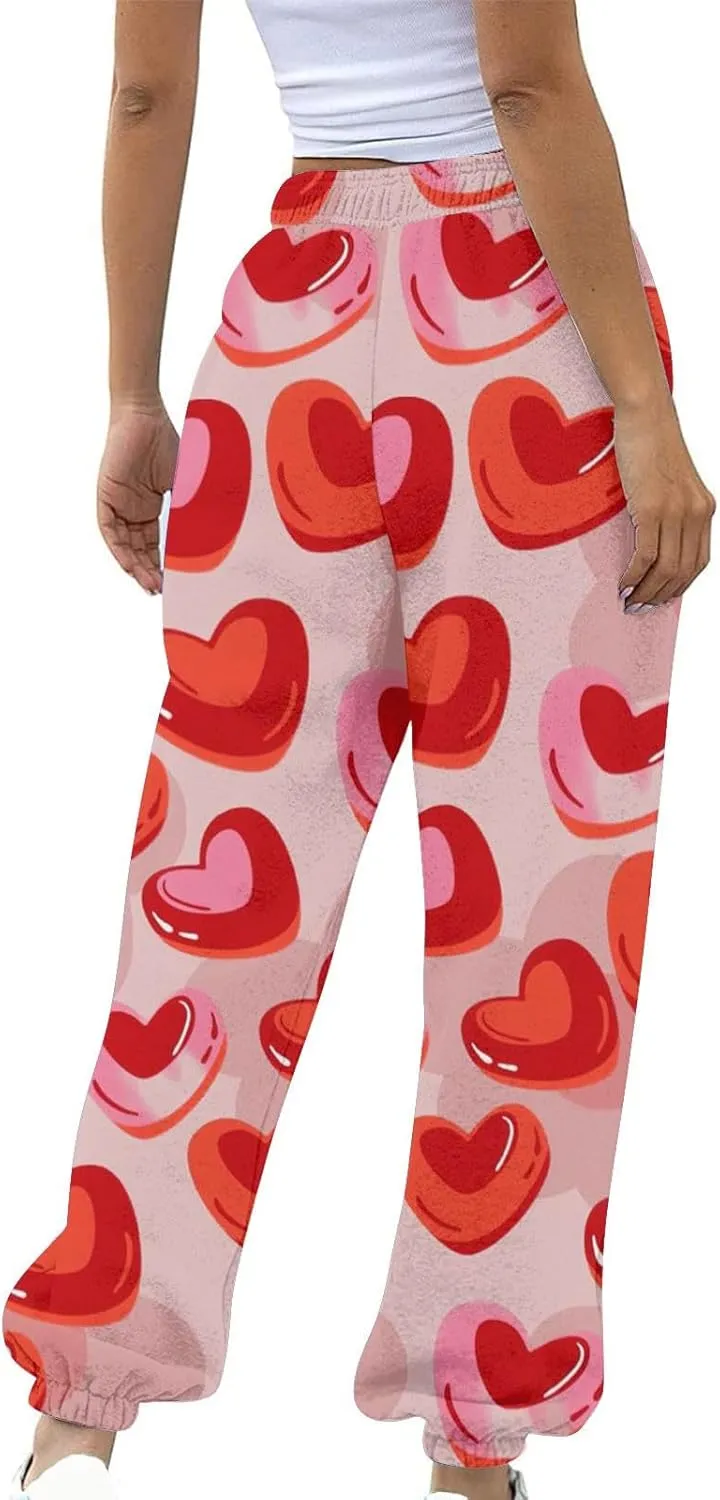 Miyaomn Women's Casual Athletic Running Joggers Valentines Day Sweatpants with Pink Heart Pockets Elastic Waist Lounge Slacks