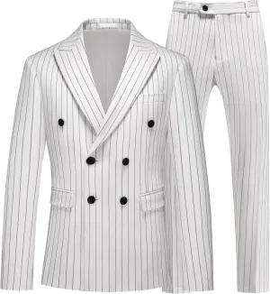 MOGU Mens Double Breasted Pinstripe Suit - 2 Piece Slim Fit Vintage Tuxedo for Groomsmen, Wedding, Prom