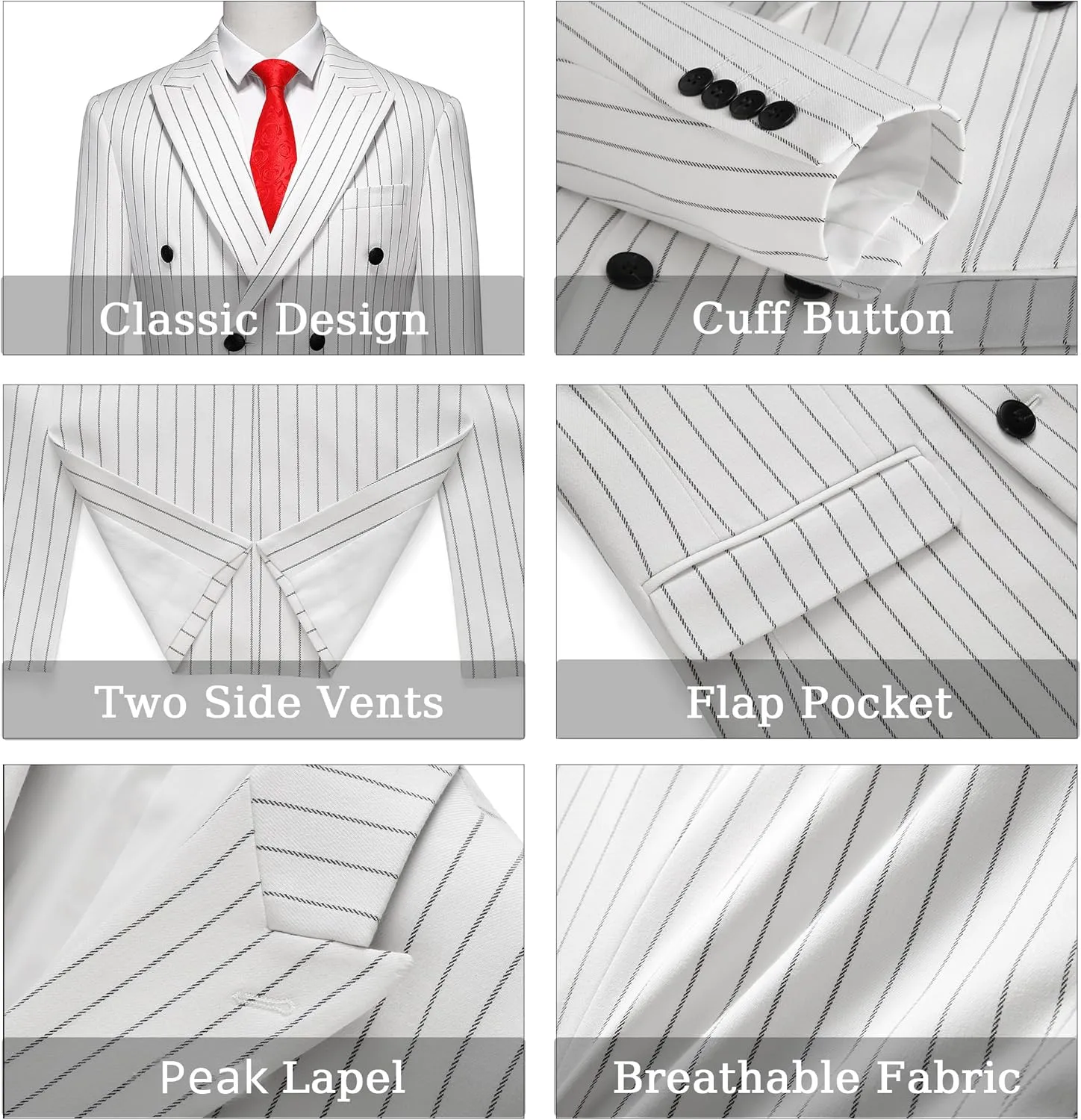 MOGU Mens Double Breasted Pinstripe Suit - 2 Piece Slim Fit Vintage Tuxedo for Groomsmen, Wedding, Prom