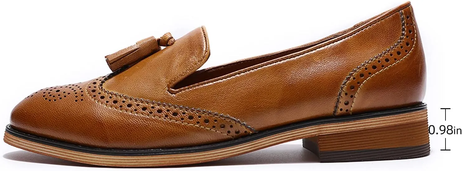 Mona flying Women's Leather Tassel Loafer Slip on Wingtip Brogue Dress Casual Flat Office Work Shoes for Ladies