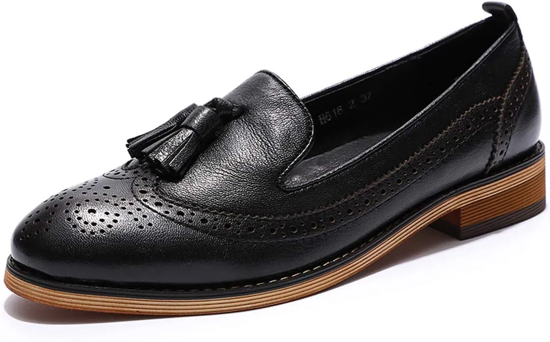 Mona flying Women's Leather Tassel Loafer Slip on Wingtip Brogue Dress Casual Flat Office Work Shoes for Ladies