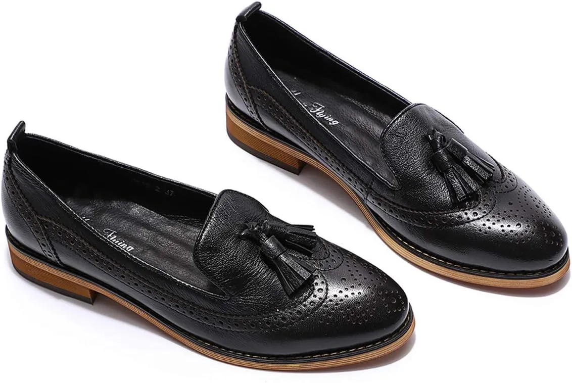 Mona flying Women's Leather Tassel Loafer Slip on Wingtip Brogue Dress Casual Flat Office Work Shoes for Ladies