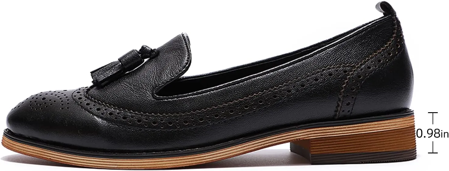 Mona flying Women's Leather Tassel Loafer Slip on Wingtip Brogue Dress Casual Flat Office Work Shoes for Ladies