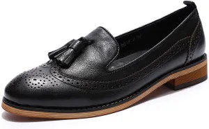 Mona flying Women's Leather Tassel Loafer Slip on Wingtip Brogue Dress Casual Flat Office Work Shoes for Ladies