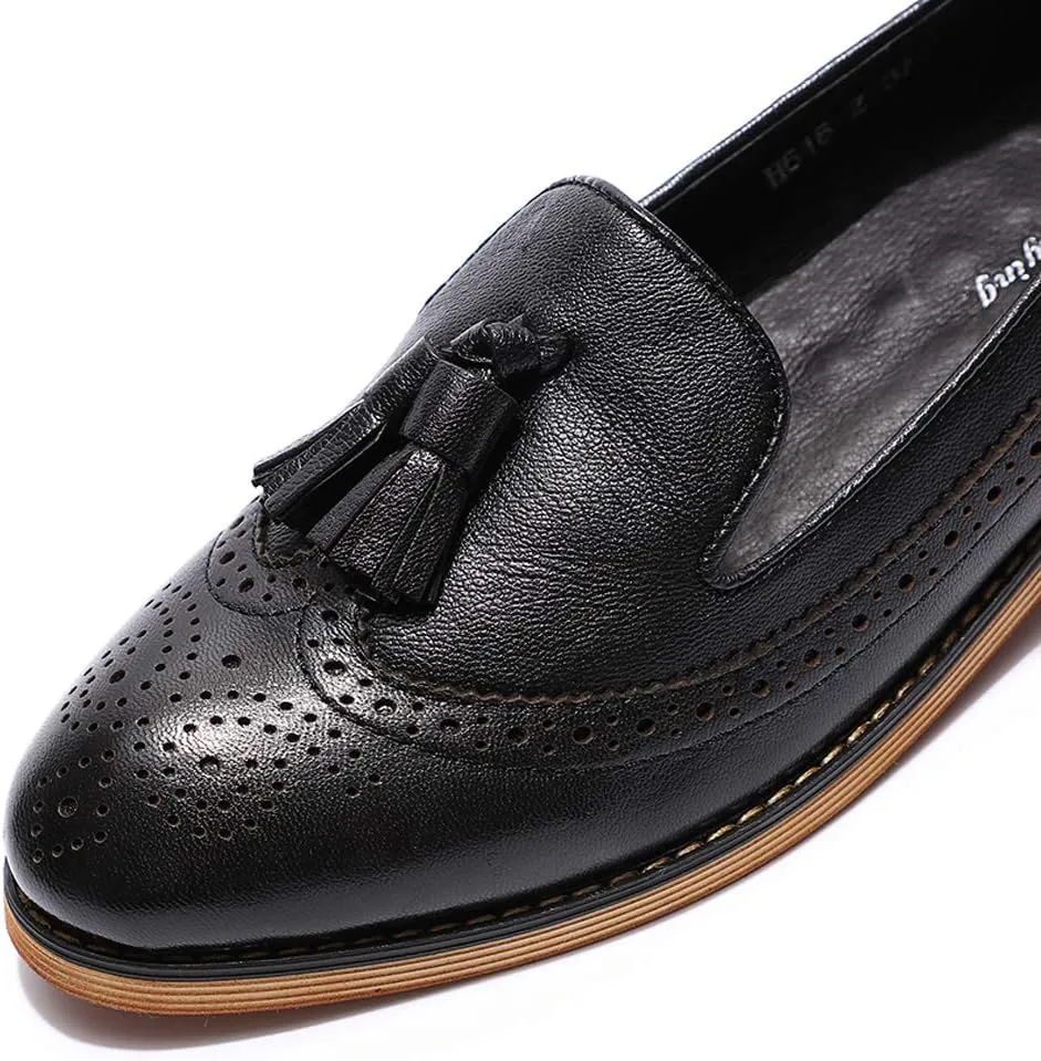 Mona flying Women's Leather Tassel Loafer Slip on Wingtip Brogue Dress Casual Flat Office Work Shoes for Ladies