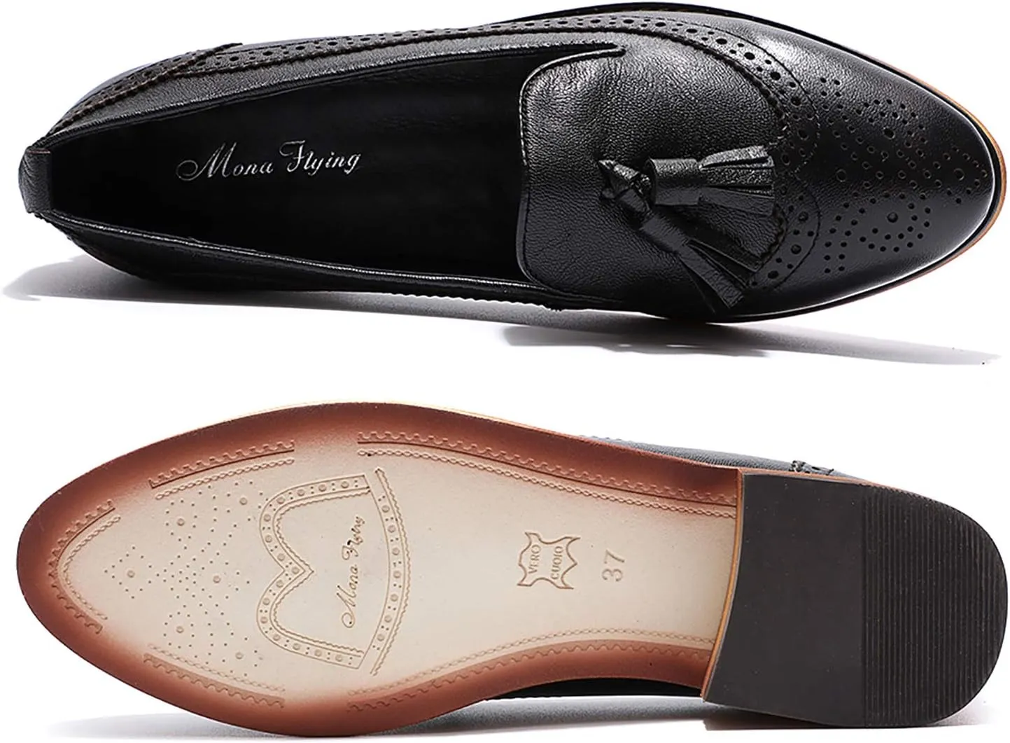 Mona flying Women's Leather Tassel Loafer Slip on Wingtip Brogue Dress Casual Flat Office Work Shoes for Ladies
