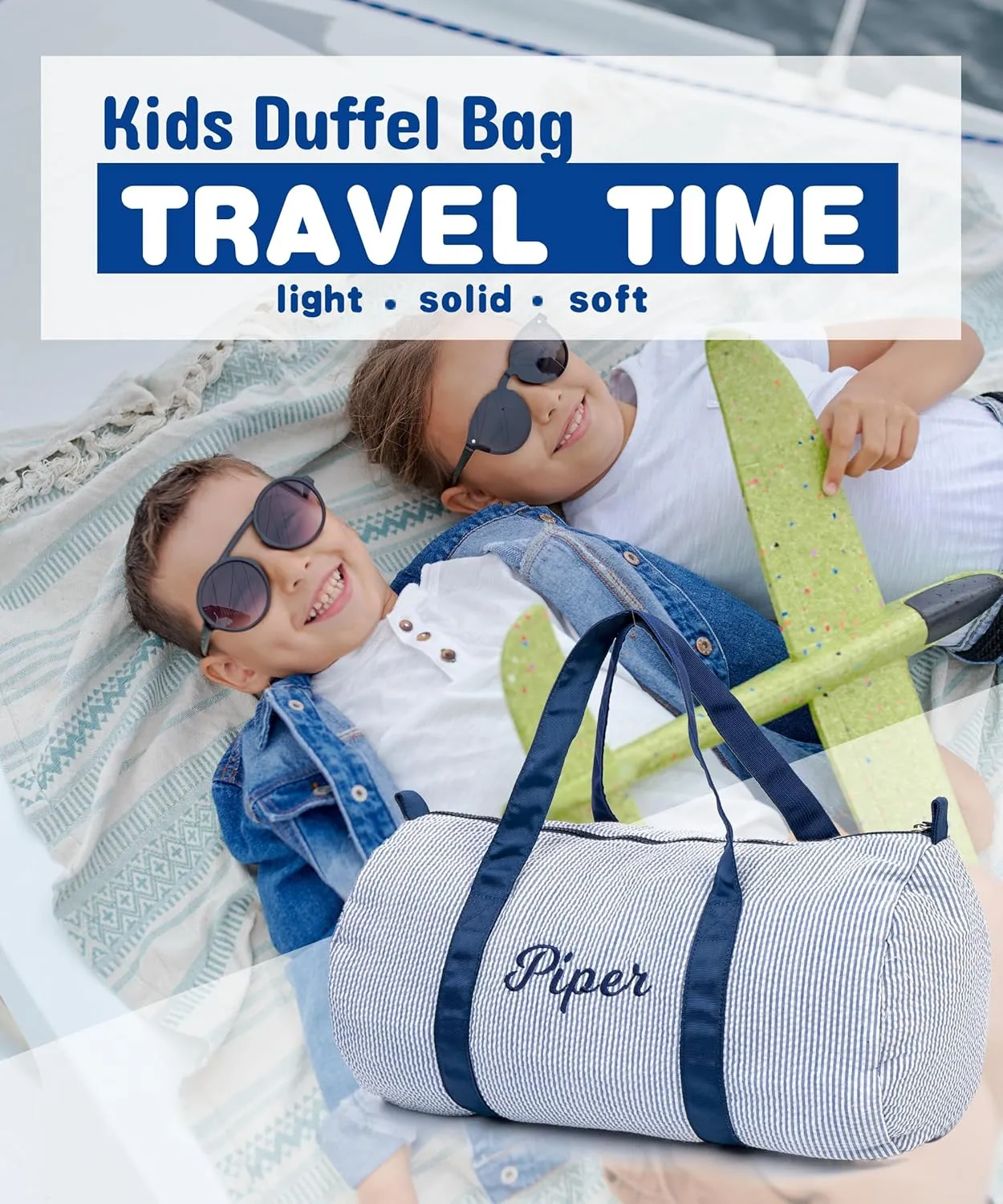 MT WORLD Boys Seersucker Overnight Bag Personalized Toddler Duffle Bag with Name Lightweight Travel Duffle Bag for Little Boys Monogrammed Daycare Bag for Sleepover Travel New Baby Boys Gifts (Blue)