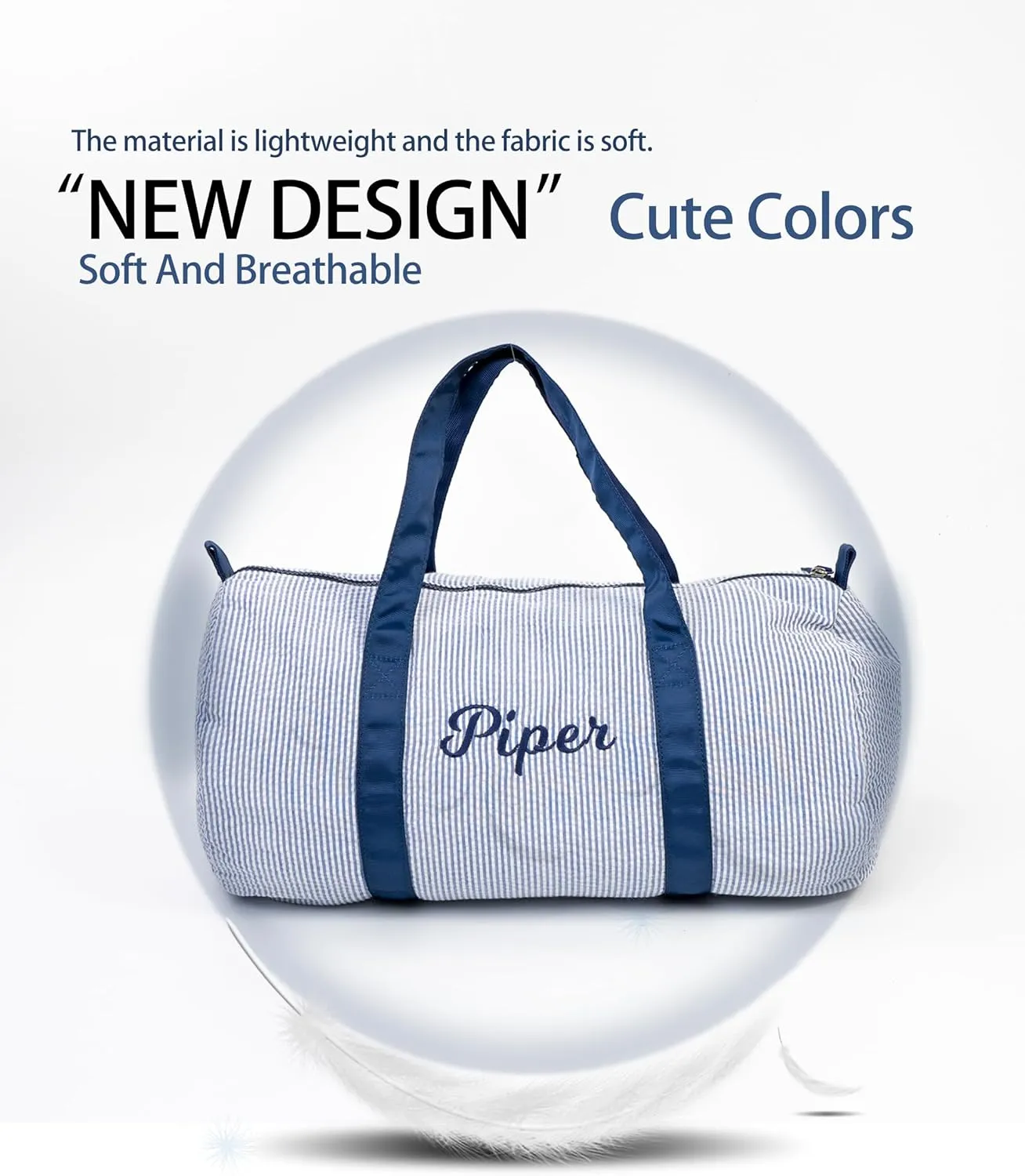 MT WORLD Boys Seersucker Overnight Bag Personalized Toddler Duffle Bag with Name Lightweight Travel Duffle Bag for Little Boys Monogrammed Daycare Bag for Sleepover Travel New Baby Boys Gifts (Blue)