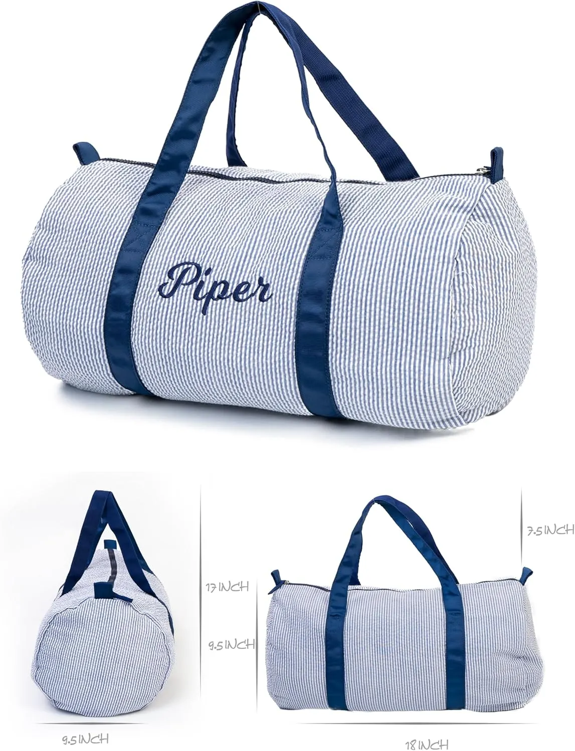 MT WORLD Boys Seersucker Overnight Bag Personalized Toddler Duffle Bag with Name Lightweight Travel Duffle Bag for Little Boys Monogrammed Daycare Bag for Sleepover Travel New Baby Boys Gifts (Blue)